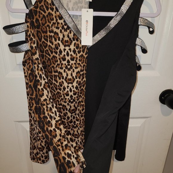 OC Order Plus Large open shoulder black & cheetah print Shirt Blouse NWT - Picture 8 of 14